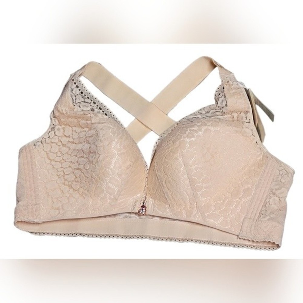Doosinki Nude Lace Front Snap Wireless Cross Strap Bra Size 46 NWT